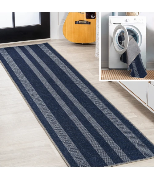 Nautisk Trellis Stripe Machine-Washable Navy/Gray 2 ft. x 8 ft. Runner Rug