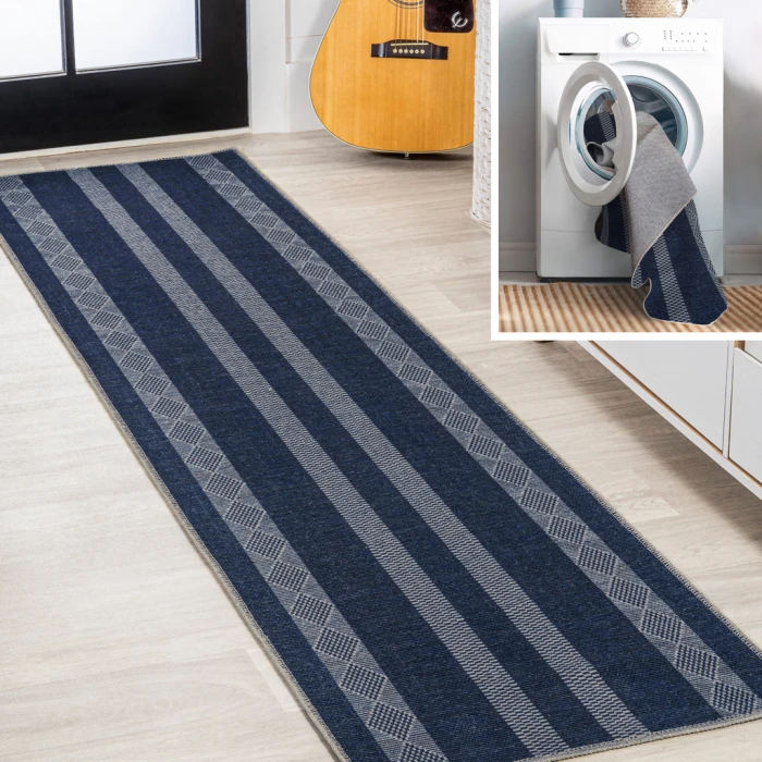 Nautisk Trellis Stripe Machine-Washable Navy/Gray 2 ft. x 8 ft. Runner Rug