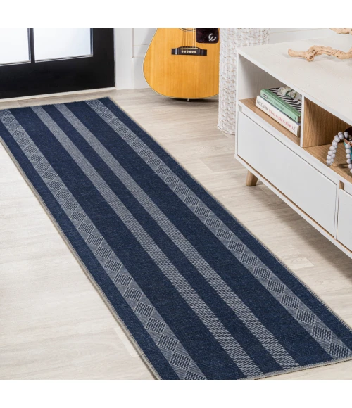 Nautisk Trellis Stripe Machine-Washable Navy/Gray 2 ft. x 8 ft. Runner Rug