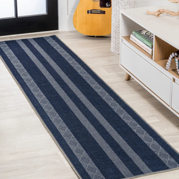 Nautisk Trellis Stripe Machine-Washable Navy/Gray 2 ft. x 8 ft. Runner Rug
