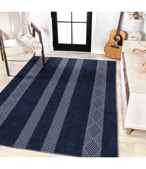 Nautisk Trellis Stripe Machine-Washable Navy/Gray 9 ft. x 12 ft. Area Rug