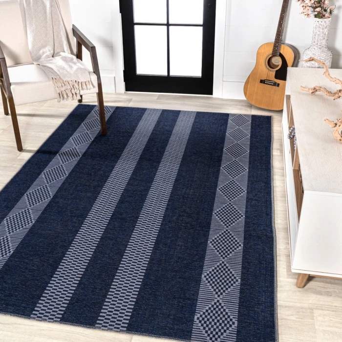 Nautisk Trellis Stripe Machine-Washable Navy/Gray 3 ft. x 5 ft. Area Rug