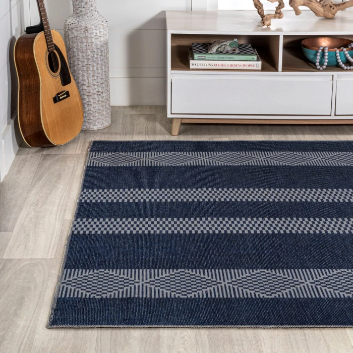 Nautisk Trellis Stripe Machine-Washable Navy/Gray 3 ft. x 5 ft. Area Rug