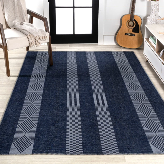 Nautisk Trellis Stripe Machine-Washable Navy/Gray 3 ft. x 5 ft. Area Rug