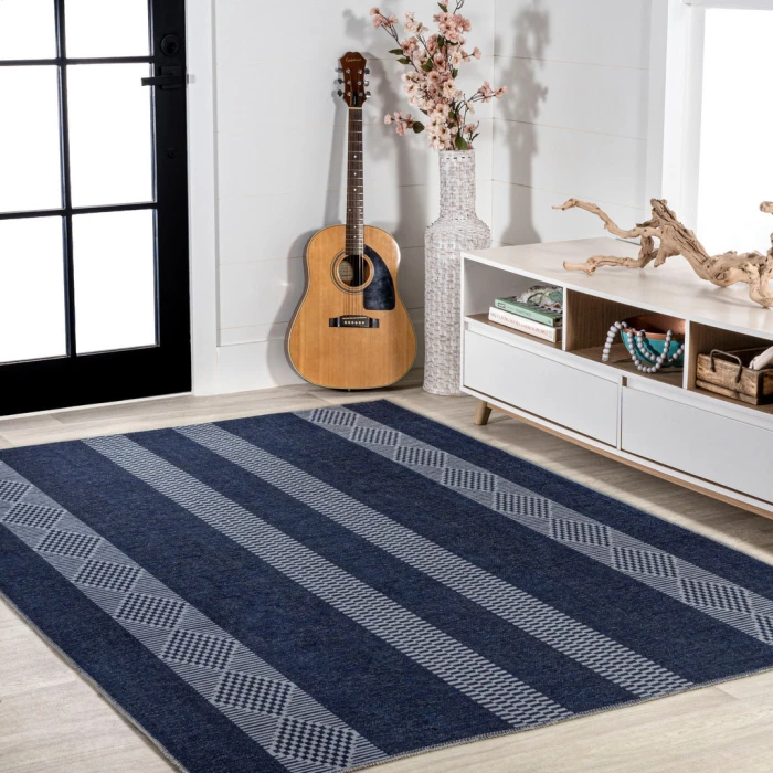 Nautisk Trellis Stripe Machine-Washable Navy/Gray 3 ft. x 5 ft. Area Rug