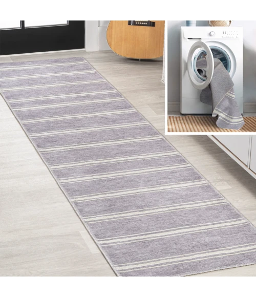 Bande Distressed Ticking Stripe Machine-Washable Lavender/Ivory 2 ft. x 8 ft. Runner Rug