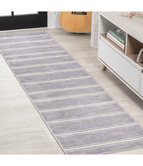 Bande Distressed Ticking Stripe Machine-Washable Lavender/Ivory 2 ft. x 8 ft. Runner Rug