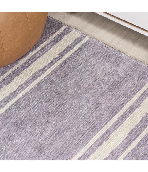 Bande Distressed Ticking Stripe Machine-Washable Lavender/Ivory 8 ft. x 10 ft. Area Rug