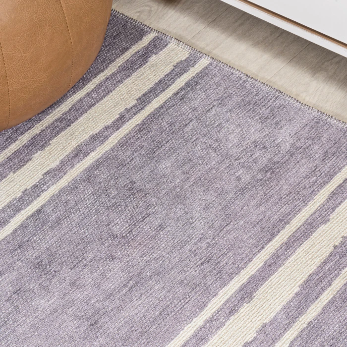 Bande Distressed Ticking Stripe Machine-Washable Lavender/Ivory 3 ft. x 5 ft. Area Rug