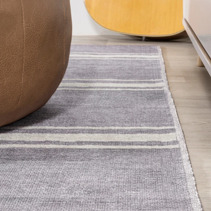 Bande Distressed Ticking Stripe Machine-Washable Lavender/Ivory 3 ft. x 5 ft. Area Rug