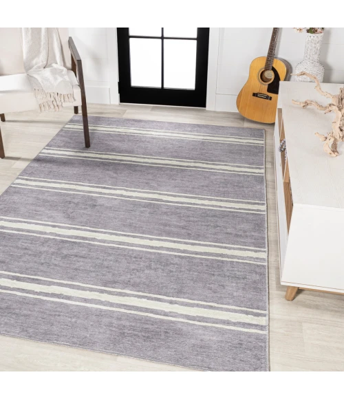 Bande Distressed Ticking Stripe Machine-Washable Lavender/Ivory 8 ft. x 10 ft. Area Rug