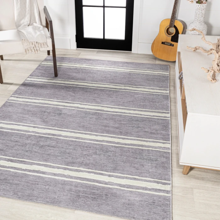 Bande Distressed Ticking Stripe Machine-Washable Lavender/Ivory 3 ft. x 5 ft. Area Rug