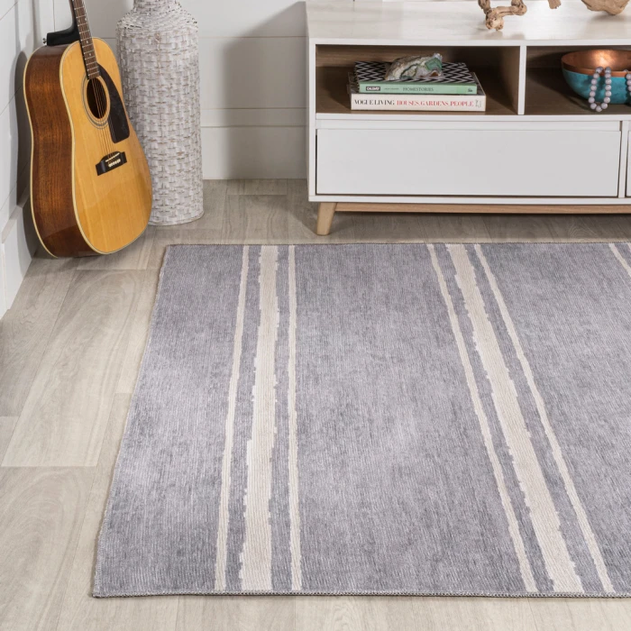 Bande Distressed Ticking Stripe Machine-Washable Lavender/Ivory 3 ft. x 5 ft. Area Rug