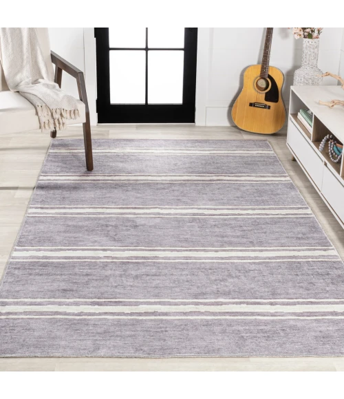 Bande Distressed Ticking Stripe Machine-Washable Lavender/Ivory 8 ft. x 10 ft. Area Rug