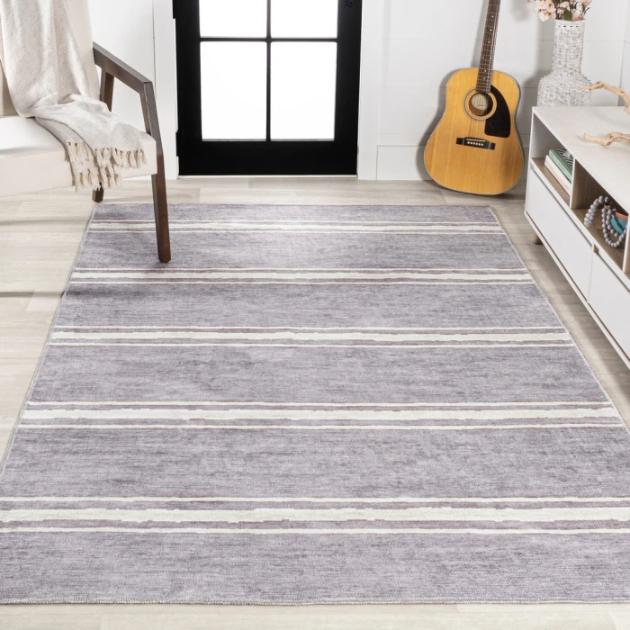Bande Distressed Ticking Stripe Machine-Washable Lavender/Ivory 3 ft. x 5 ft. Area Rug