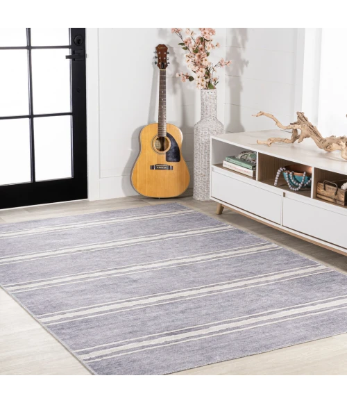 Bande Distressed Ticking Stripe Machine-Washable Lavender/Ivory 8 ft. x 10 ft. Area Rug
