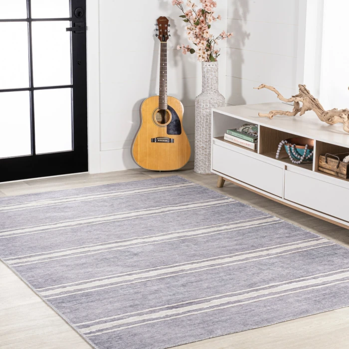 Bande Distressed Ticking Stripe Machine-Washable Lavender/Ivory 3 ft. x 5 ft. Area Rug