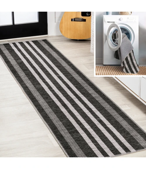 Vichy Geometric Striped Machine-Washable Black/Ivory 2 ft. x 8 ft. Runner Rug