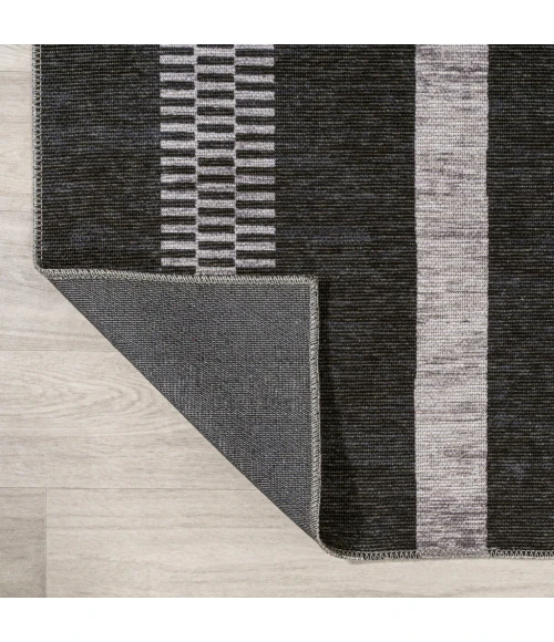 Vichy Geometric Striped Machine-Washable Black/Ivory 4 ft. x 6 ft. Area Rug