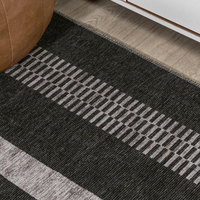 Vichy Geometric Striped Machine-Washable Black/Ivory 5 ft. x 8 ft. Area Rug