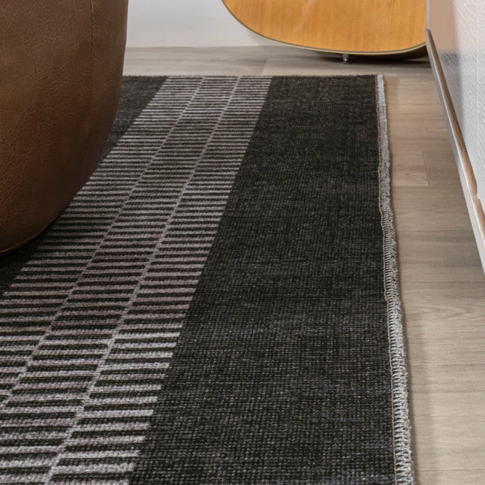 Vichy Geometric Striped Machine-Washable Black/Ivory 5 ft. x 8 ft. Area Rug