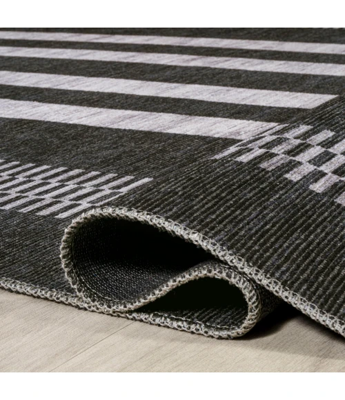 Vichy Geometric Striped Machine-Washable Black/Ivory 2 ft. x 8 ft. Runner Rug