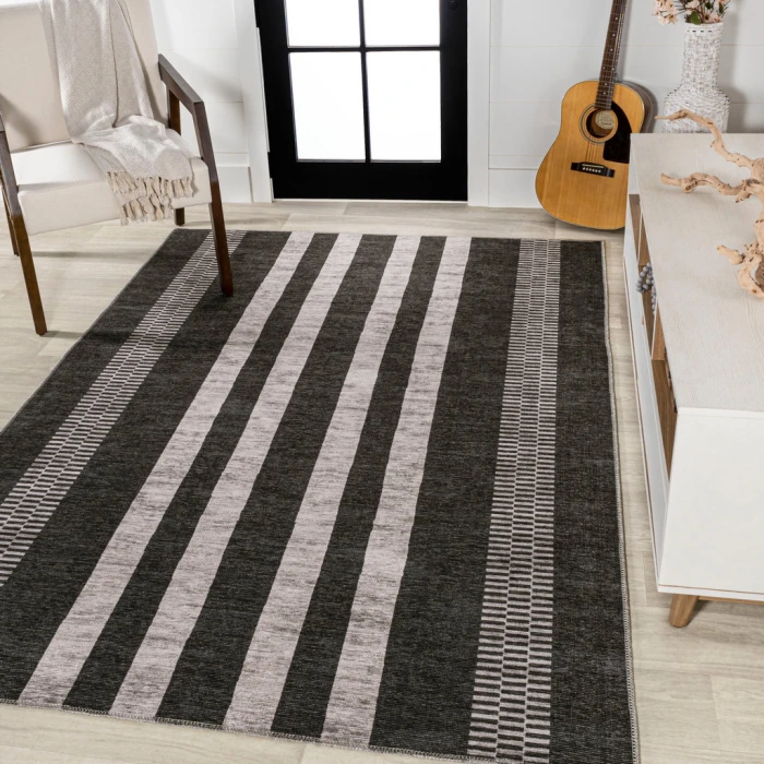 Vichy Geometric Striped Machine-Washable Black/Ivory 5 ft. x 8 ft. Area Rug