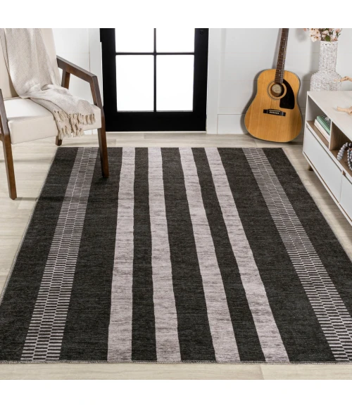 Vichy Geometric Striped Machine-Washable Black/Ivory 4 ft. x 6 ft. Area Rug