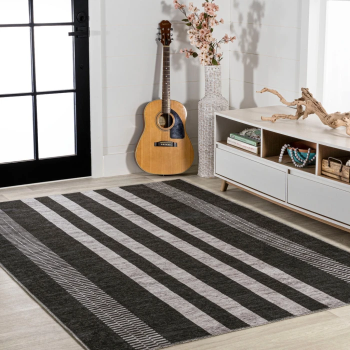 Vichy Geometric Striped Machine-Washable Black/Ivory 5 ft. x 8 ft. Area Rug