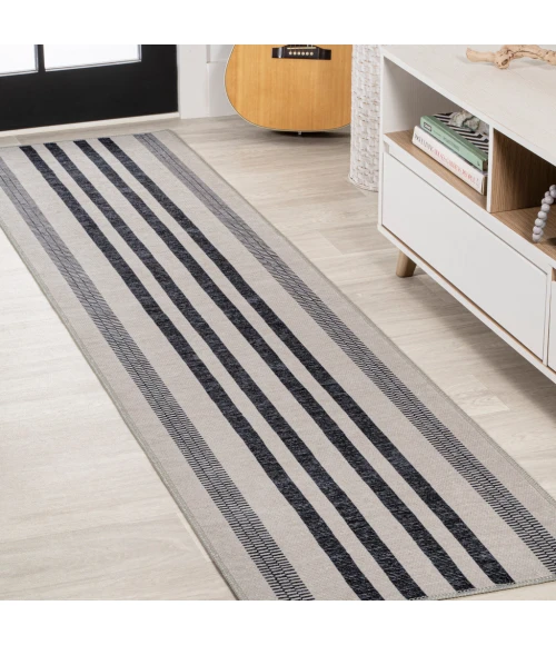 Vichy Geometric Striped Machine-Washable Ivory/Dark Gray 2 ft. x 8 ft. Runner Rug