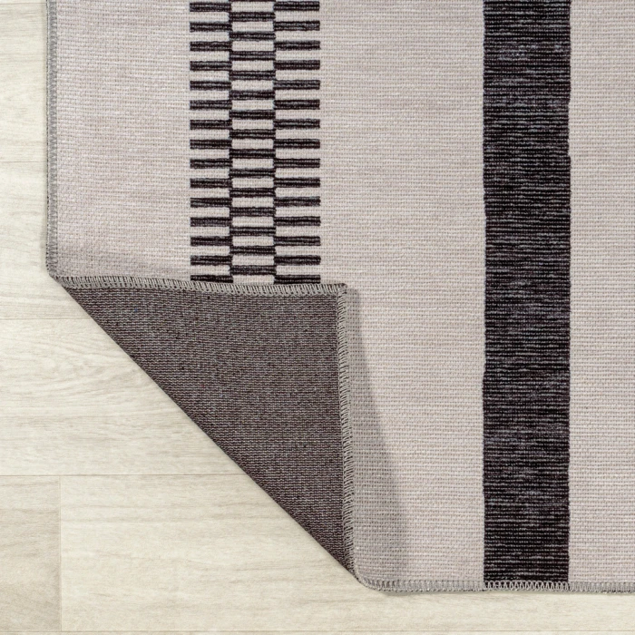 Vichy Geometric Striped Machine-Washable Ivory/Dark Gray 3 ft. x 5 ft. Area Rug