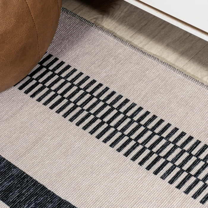 Vichy Geometric Striped Machine-Washable Ivory/Dark Gray 3 ft. x 5 ft. Area Rug