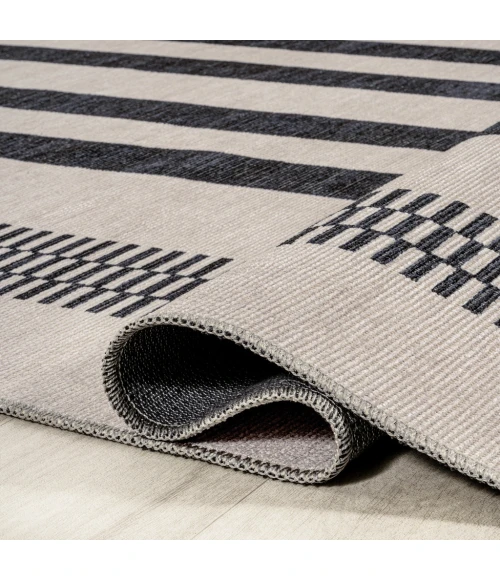 Vichy Geometric Striped Machine-Washable Ivory/Dark Gray 2 ft. x 8 ft. Runner Rug