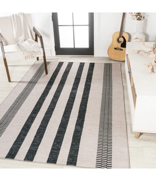 Vichy Geometric Striped Machine-Washable Ivory/Dark Gray 9 ft. x 12 ft. Area Rug