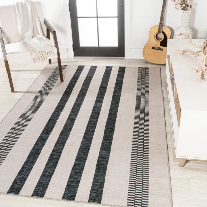 Vichy Geometric Striped Machine-Washable Ivory/Dark Gray 3 ft. x 5 ft. Area Rug