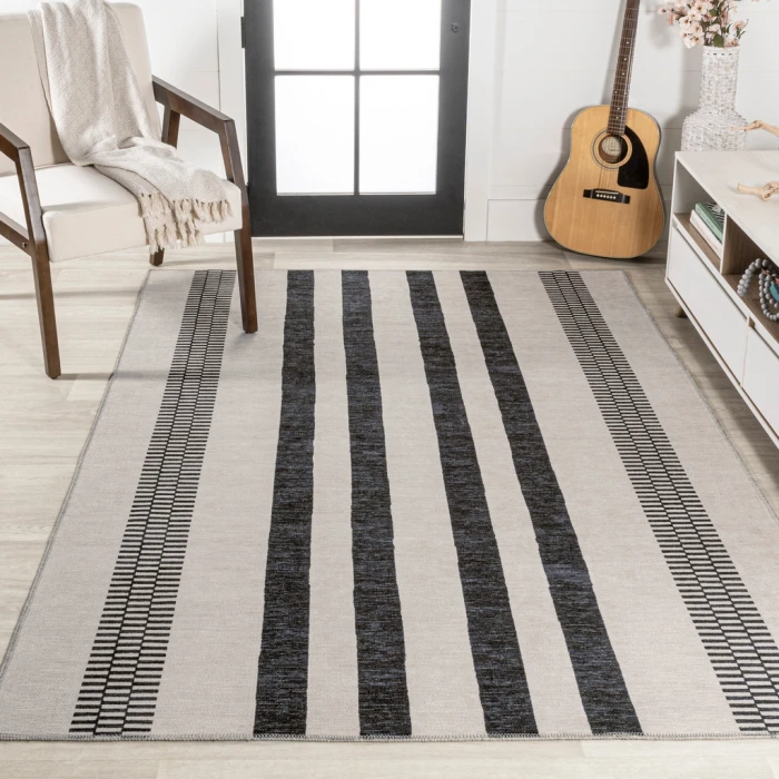 Vichy Geometric Striped Machine-Washable Ivory/Dark Gray 3 ft. x 5 ft. Area Rug