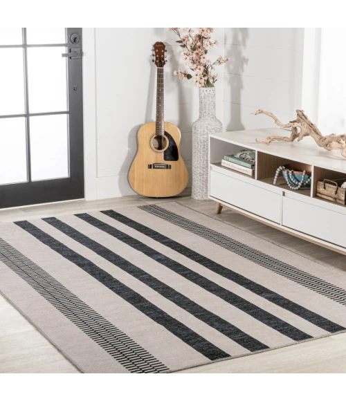 Vichy Geometric Striped Machine-Washable Ivory/Dark Gray 9 ft. x 12 ft. Area Rug