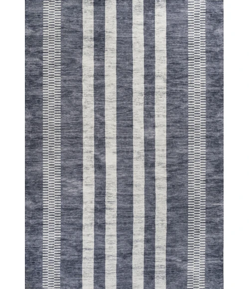 Vichy Geometric Striped Machine-Washable Slate Gray/Ivory 9 ft. x 12 ft. Area Rug