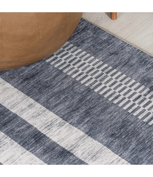 Vichy Geometric Striped Machine-Washable Slate Gray/Ivory 9 ft. x 12 ft. Area Rug
