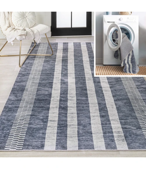 Vichy Geometric Striped Machine-Washable Slate Gray/Ivory 9 ft. x 12 ft. Area Rug