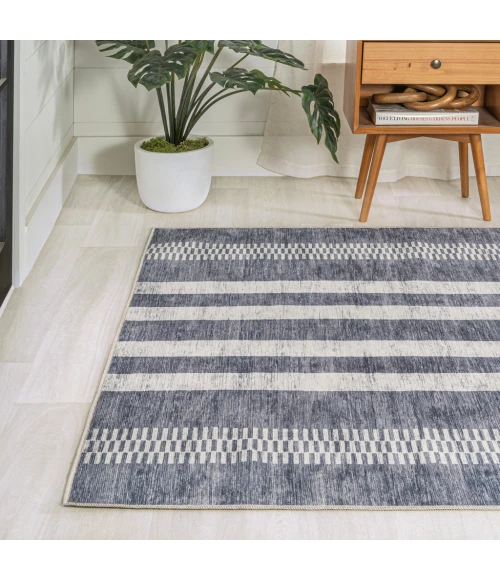 Vichy Geometric Striped Machine-Washable Slate Gray/Ivory 9 ft. x 12 ft. Area Rug