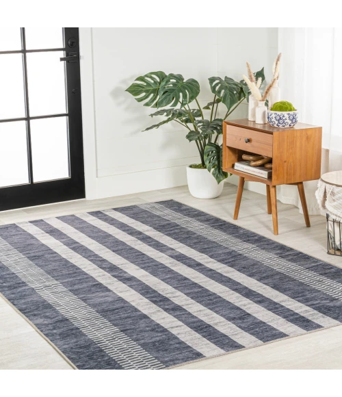 Vichy Geometric Striped Machine-Washable Slate Gray/Ivory 9 ft. x 12 ft. Area Rug