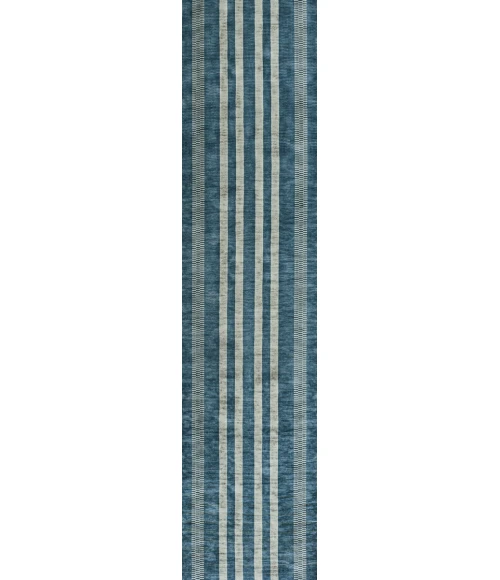 Vichy Geometric Striped Machine-Washable Blue/Cream 2 ft. x 8 ft. Runner Rug
