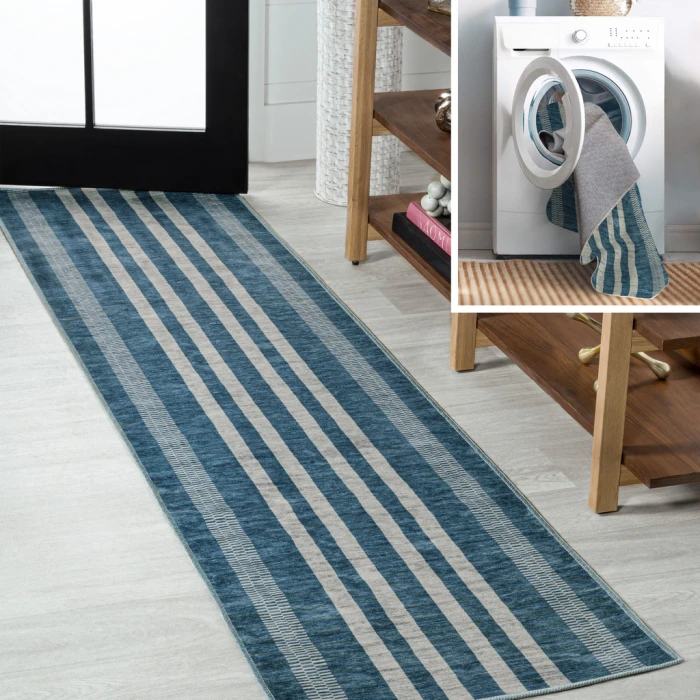 Vichy Geometric Striped Machine-Washable Blue/Cream 2 ft. x 8 ft. Runner Rug