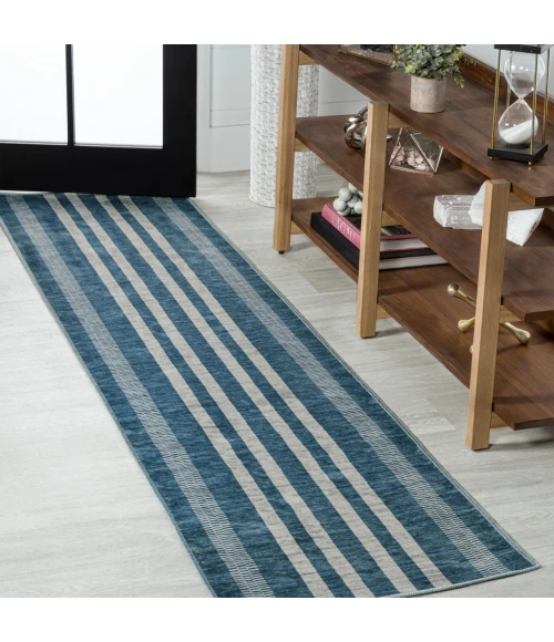 Vichy Geometric Striped Machine-Washable Blue/Cream 2 ft. x 8 ft. Runner Rug