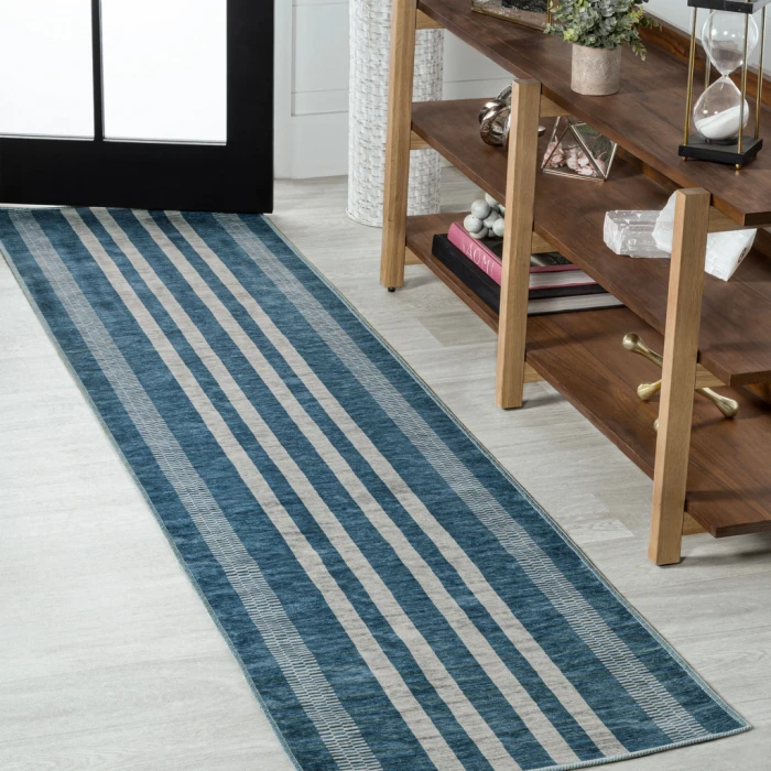 Vichy Geometric Striped Machine-Washable Blue/Cream 2 ft. x 8 ft. Runner Rug