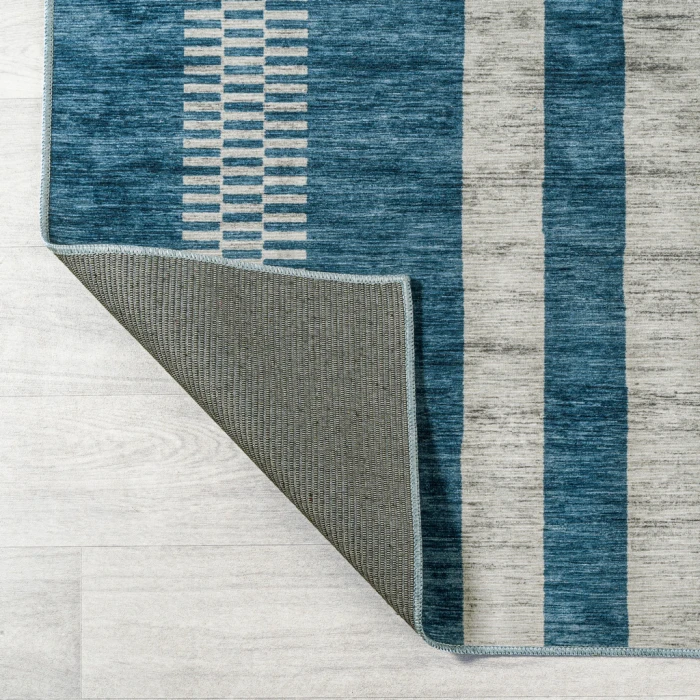 Vichy Geometric Striped Machine-Washable Blue/Cream 4 ft. x 6 ft. Area Rug