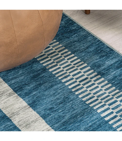 Vichy Geometric Striped Machine-Washable Blue/Cream 2 ft. x 8 ft. Runner Rug