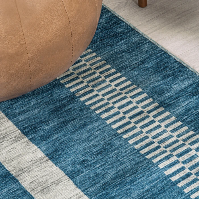 Vichy Geometric Striped Machine-Washable Blue/Cream 4 ft. x 6 ft. Area Rug