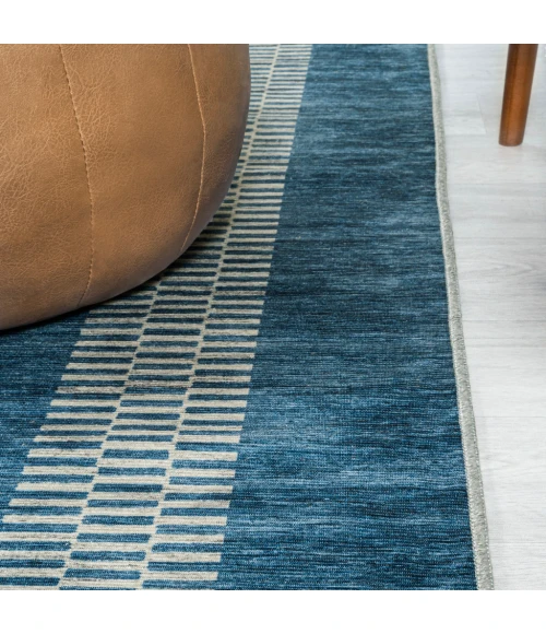 Vichy Geometric Striped Machine-Washable Blue/Cream 2 ft. x 8 ft. Runner Rug